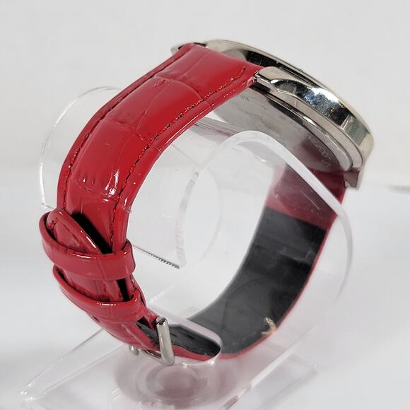 Red Crystal Bezel Quartz Watch with Leather Strap, Analog Display, 40mm Case - Picture 2 of 16